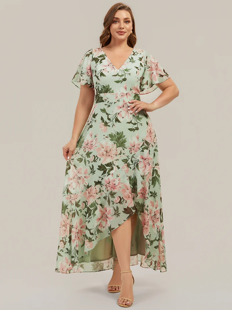 Robe fleurie asymétrique pour demoiselle d'honneur à col V et manches volantées