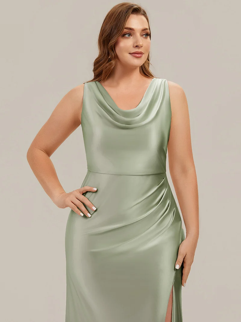 Robe sirène longue sans bretelles en stretch avec col drapé et fente haute sur la cuisse