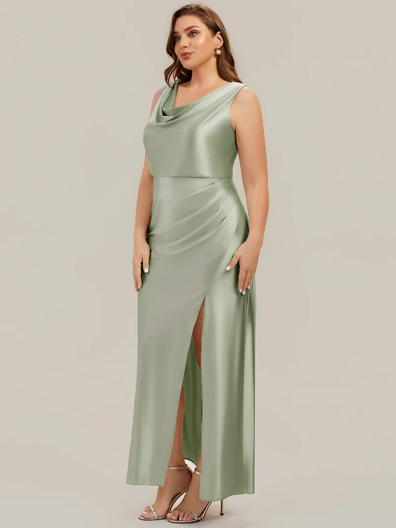 Robe sirène longue sans bretelles en stretch avec col drapé et fente haute sur la cuisse