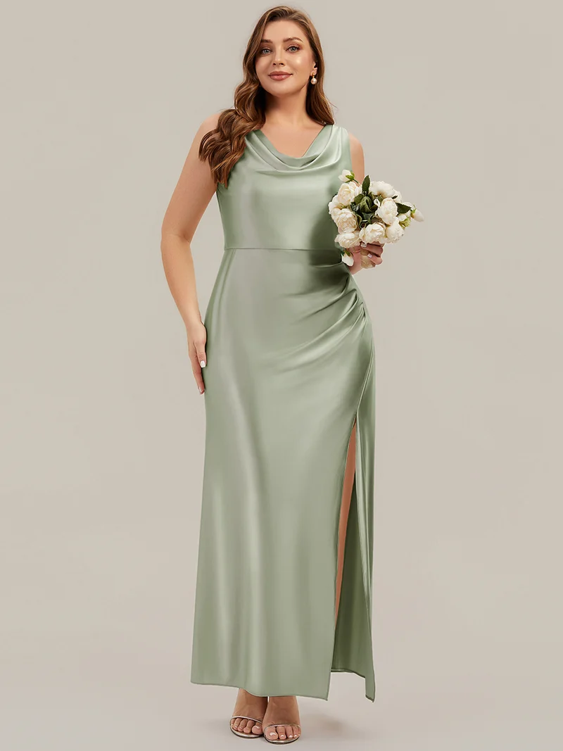 Robe sirène longue sans bretelles en stretch avec col drapé et fente haute sur la cuisse