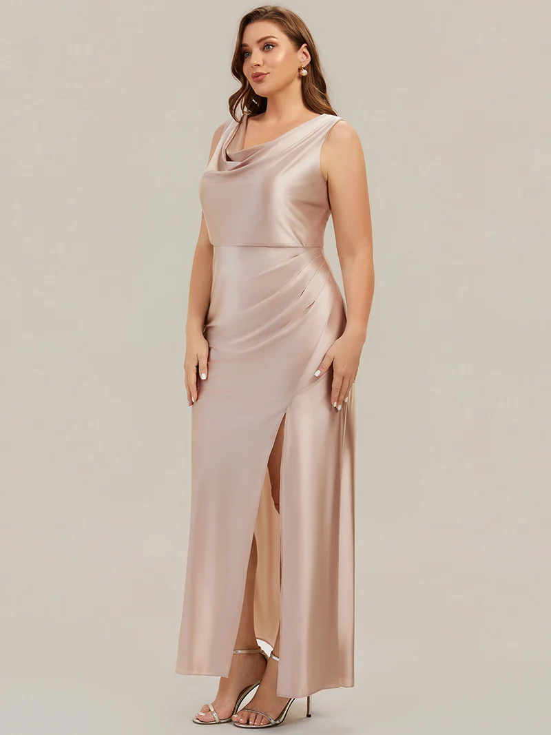 Robe sirène longue sans bretelles en stretch avec col drapé et fente haute sur la cuisse