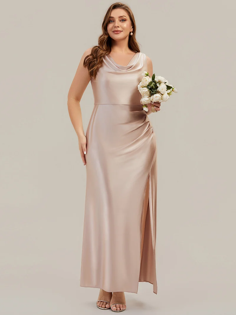 Robe sirène longue sans bretelles en stretch avec col drapé et fente haute sur la cuisse