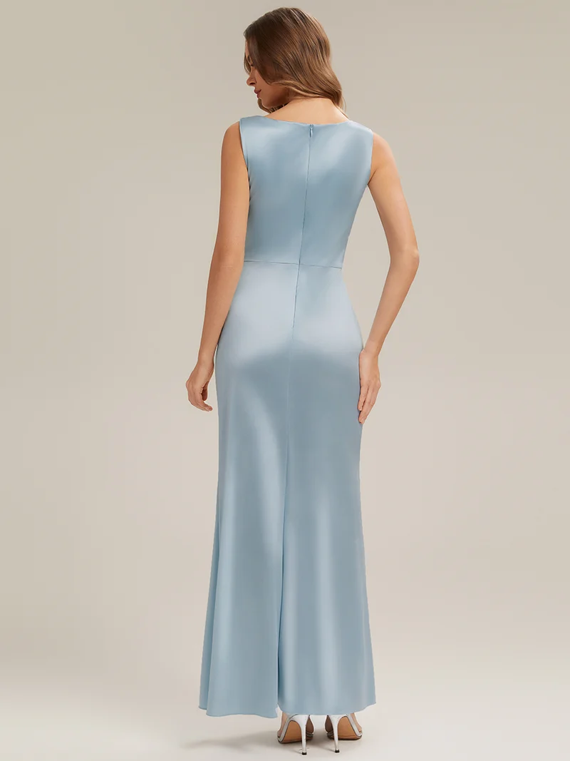Robe sirène longue sans bretelles en stretch avec col drapé et fente haute sur la cuisse