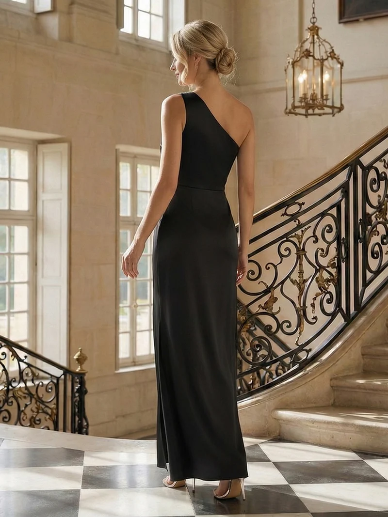 Robe sans bretelles à épaule unique avec fente haute sur la cuisse décolleté asymétrique robe longue
