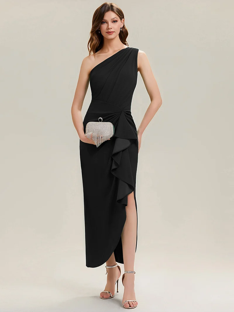 Robe moulante sans manches à épaule dénudée en tissu extensible avec fente haute et détails volants