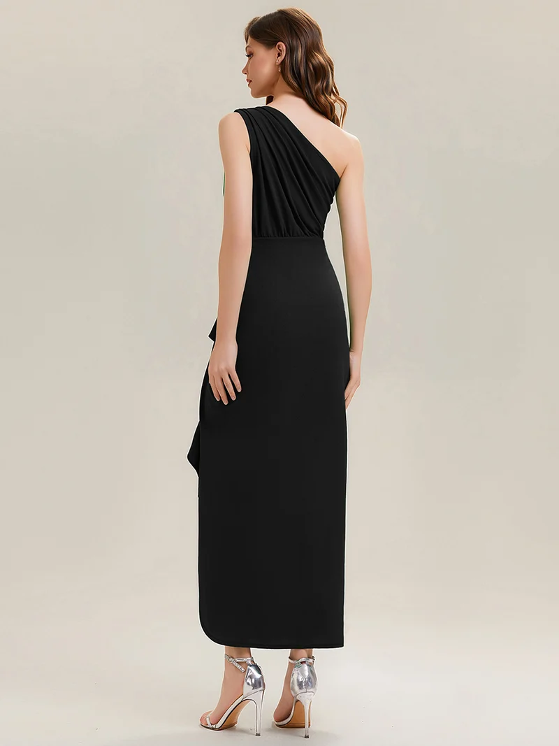 Robe moulante sans manches à épaule dénudée en tissu extensible avec fente haute et détails volants
