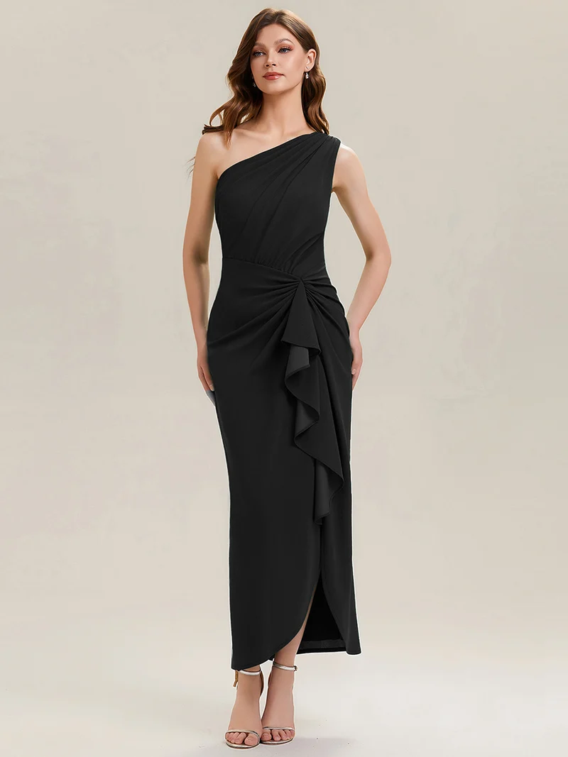 Robe moulante sans manches à épaule dénudée en tissu extensible avec fente haute et détails volants