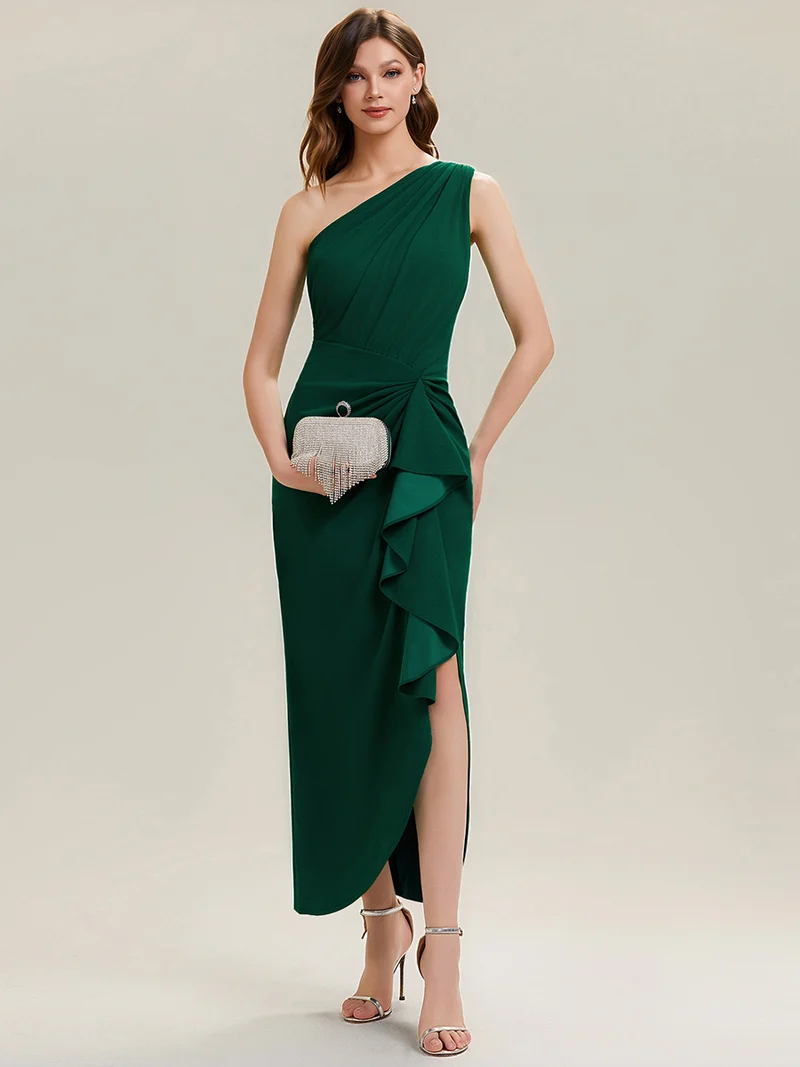 Robe moulante sans manches à épaule dénudée en tissu extensible avec fente haute et détails volants
