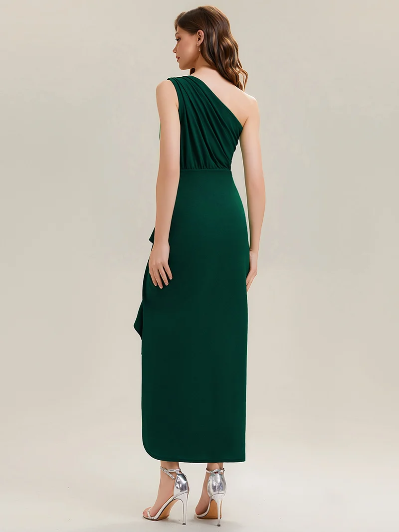Robe moulante sans manches à épaule dénudée en tissu extensible avec fente haute et détails volants