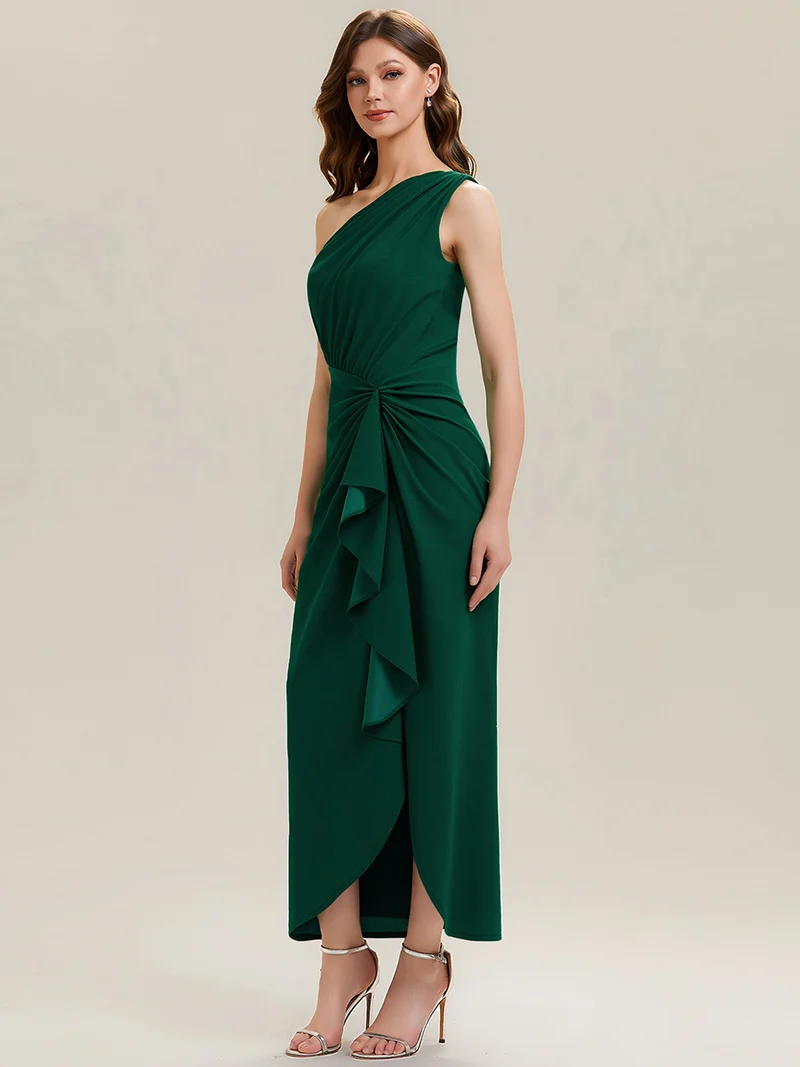 Robe moulante sans manches à épaule dénudée en tissu extensible avec fente haute et détails volants