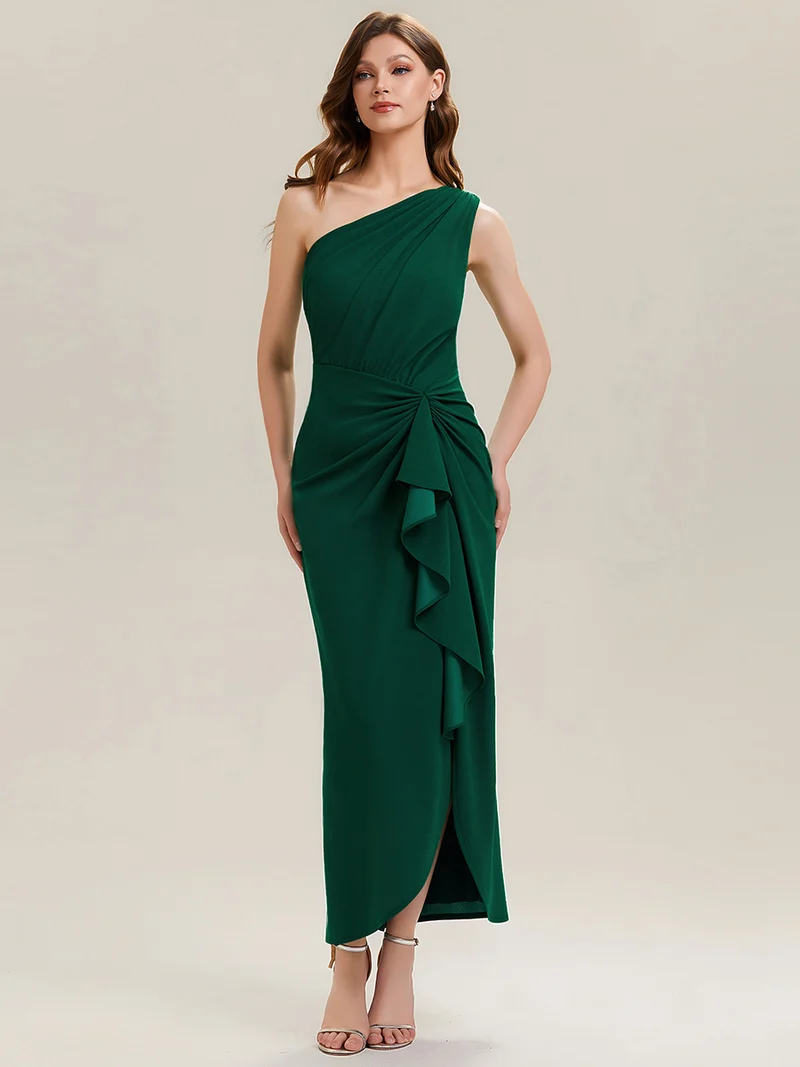 Robe moulante sans manches à épaule dénudée en tissu extensible avec fente haute et détails volants