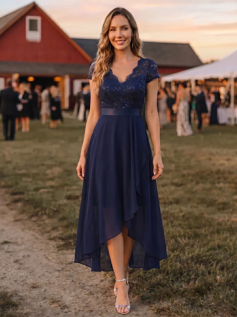 Robe élégante asymétrique à décolleté en V profond et volants