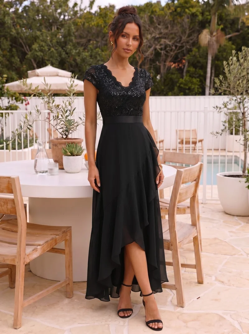 Robe élégante asymétrique à décolleté en V profond et volants