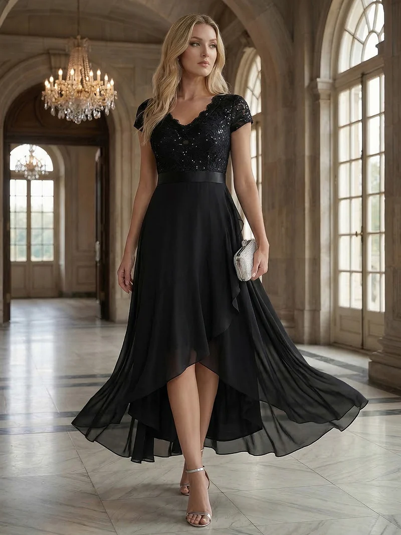 Robe élégante asymétrique à décolleté en V profond et volants