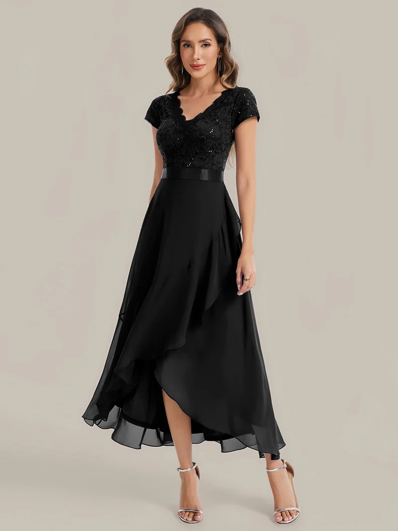 Robe élégante asymétrique à décolleté en V profond et volants