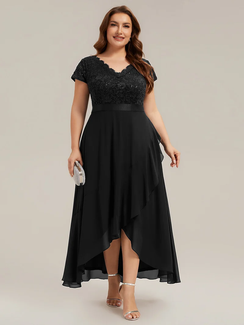 Robe élégante asymétrique à décolleté en V profond et volants
