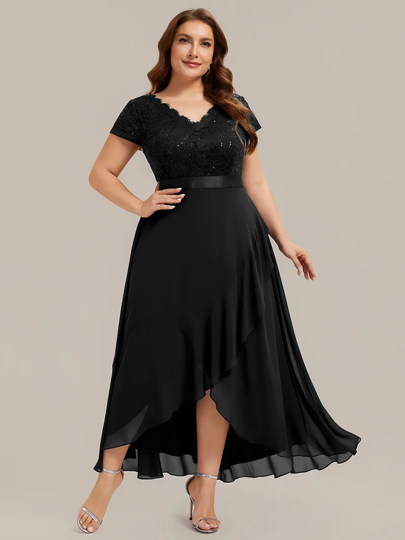 Robe élégante asymétrique à décolleté en V profond et volants