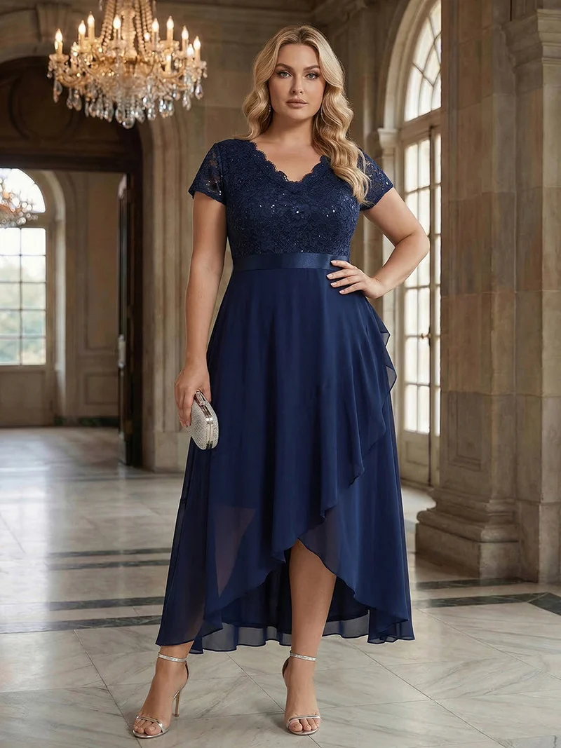 Robe élégante asymétrique à décolleté en V profond et volants