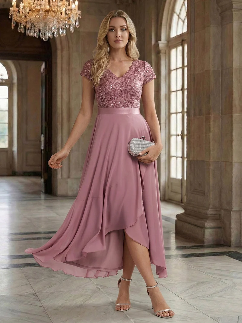 Robe élégante asymétrique à décolleté en V profond et volants