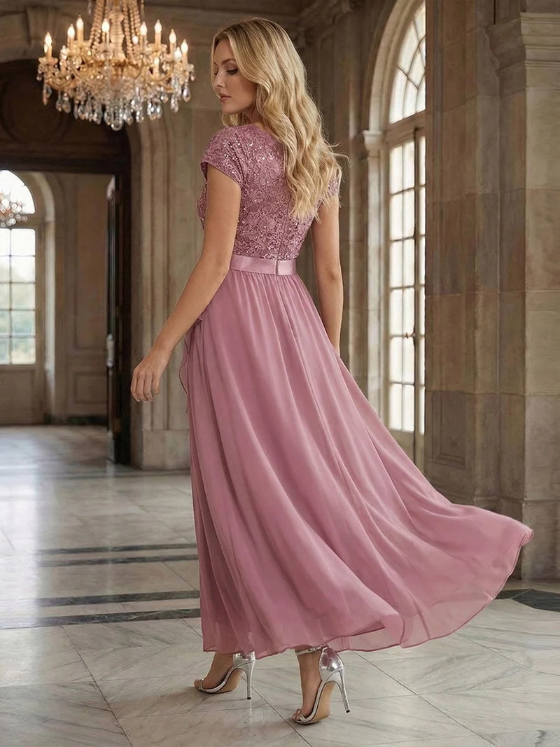 Robe élégante asymétrique à décolleté en V profond et volants