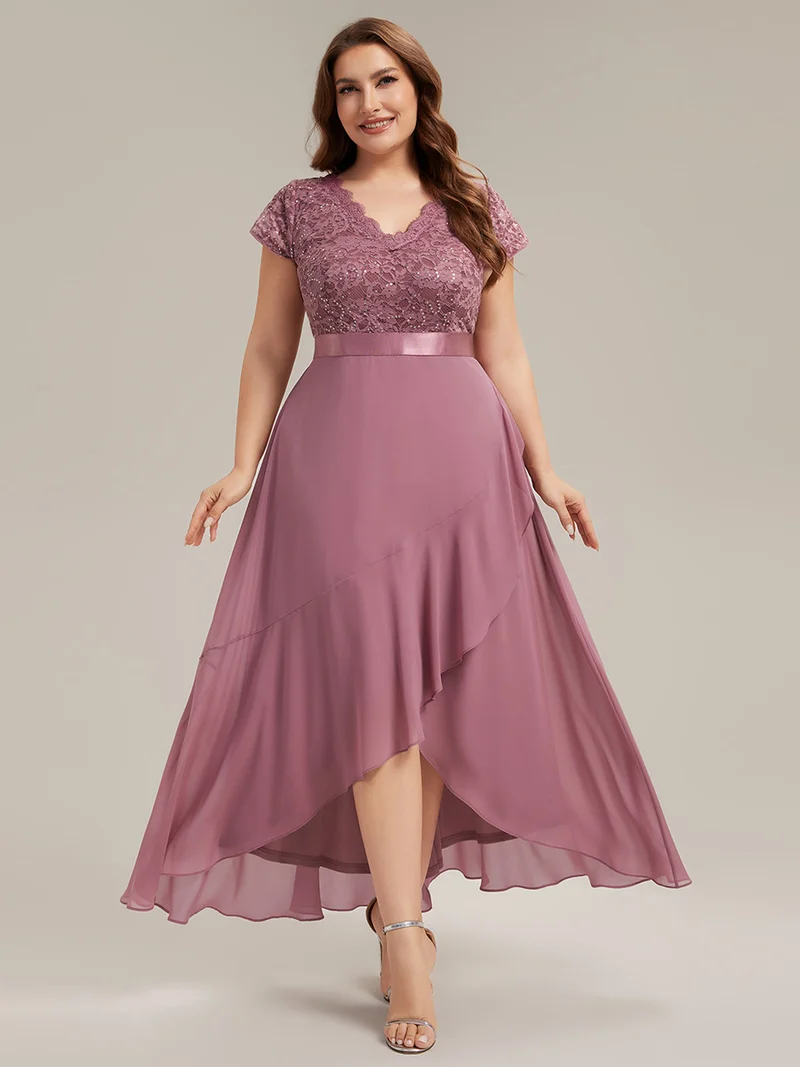 Robe élégante asymétrique à décolleté en V profond et volants