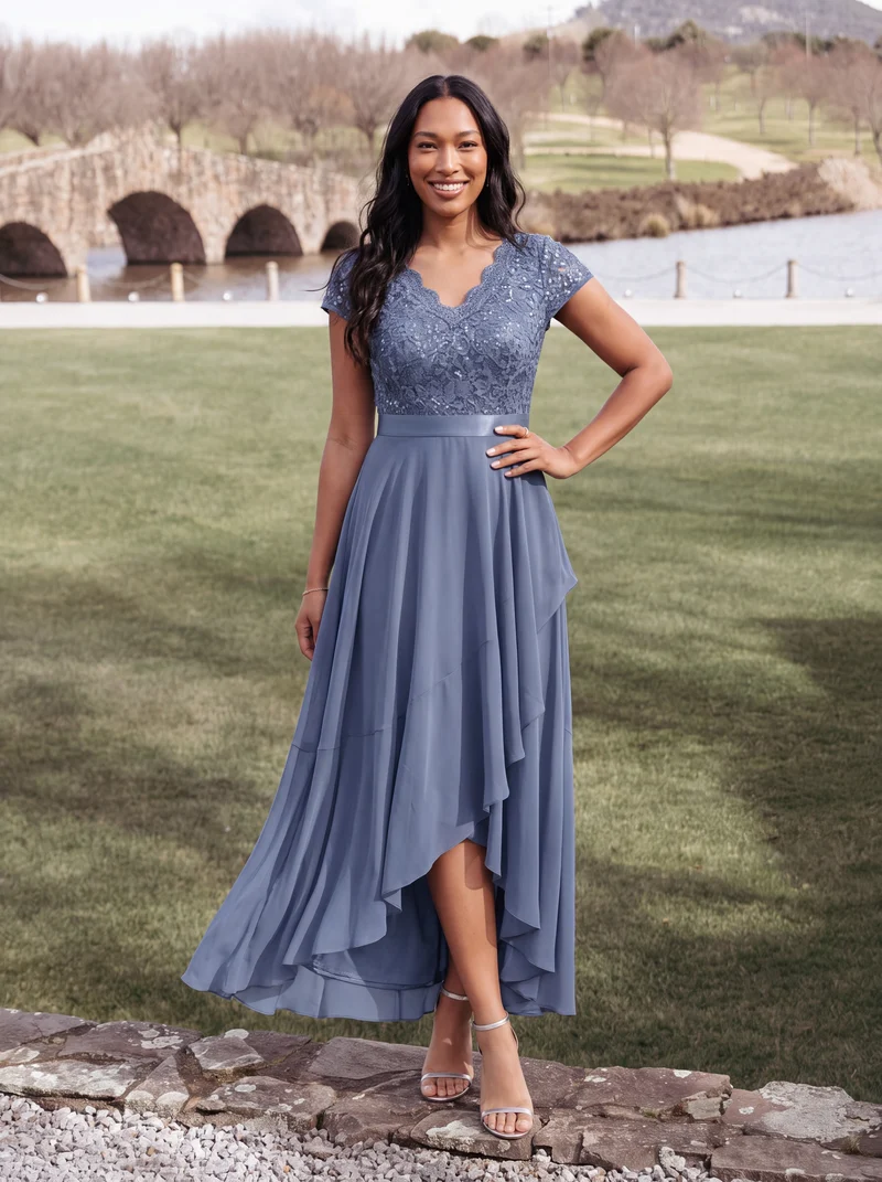 Robe élégante asymétrique à décolleté en V profond et volants