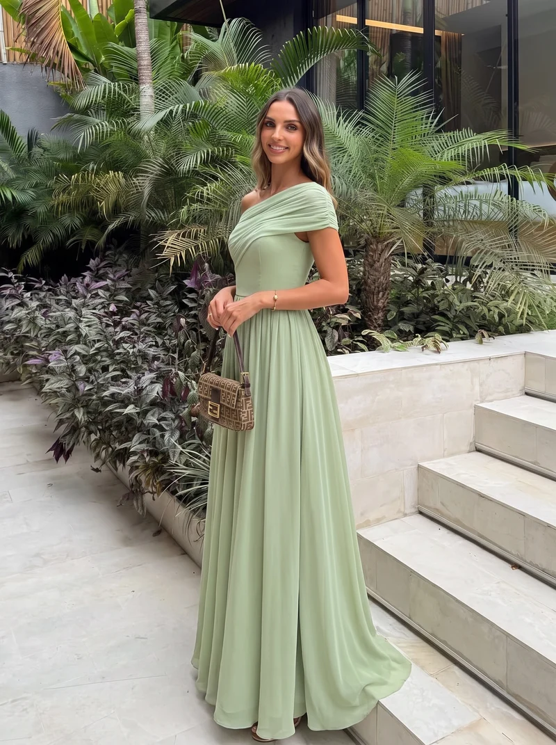 Robe longue asymétrique sans bretelles en A avec détail froncé