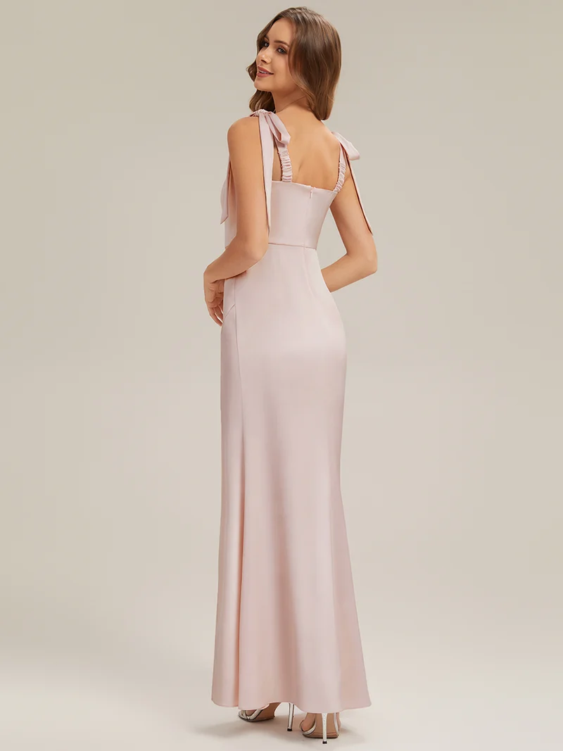 Robe sans manches à encolure carrée longueur sol avec fente haute et détail nœud
