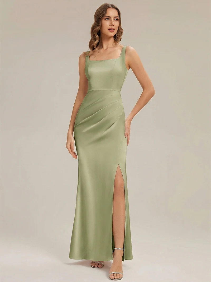 Robe sans manches à encolure carrée longueur sol avec fente haute et détail nœud
