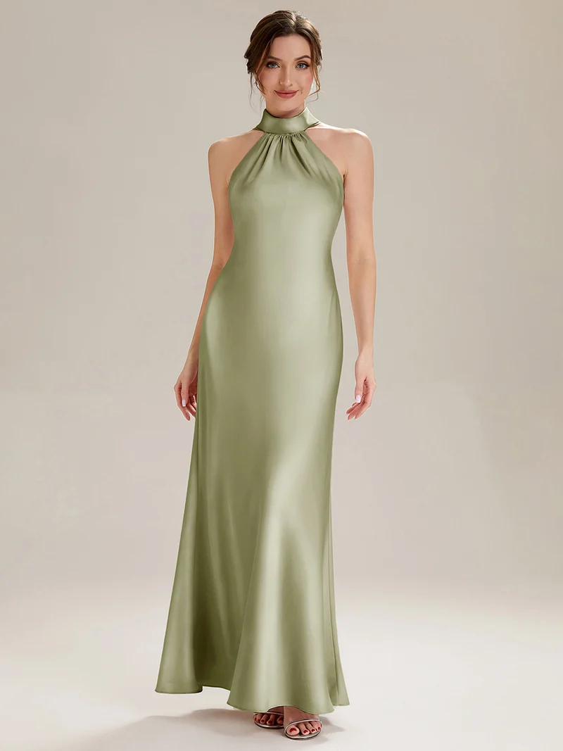 Robe sirène sans manches à col halter longueur sol avec fente haute et rubans fluides