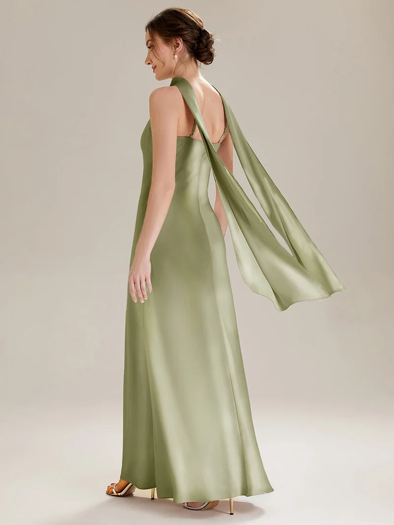 Robe sirène sans manches à col halter longueur sol avec fente haute et rubans fluides