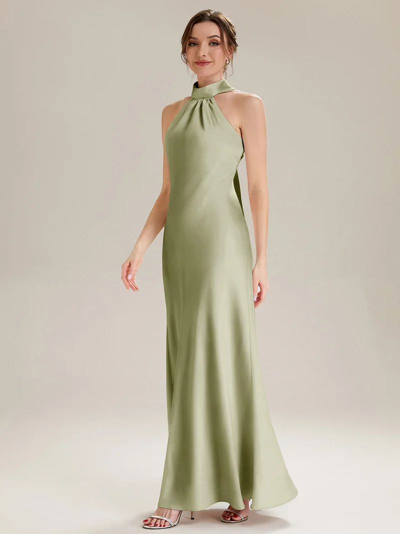 Robe sirène sans manches à col halter longueur sol avec fente haute et rubans fluides