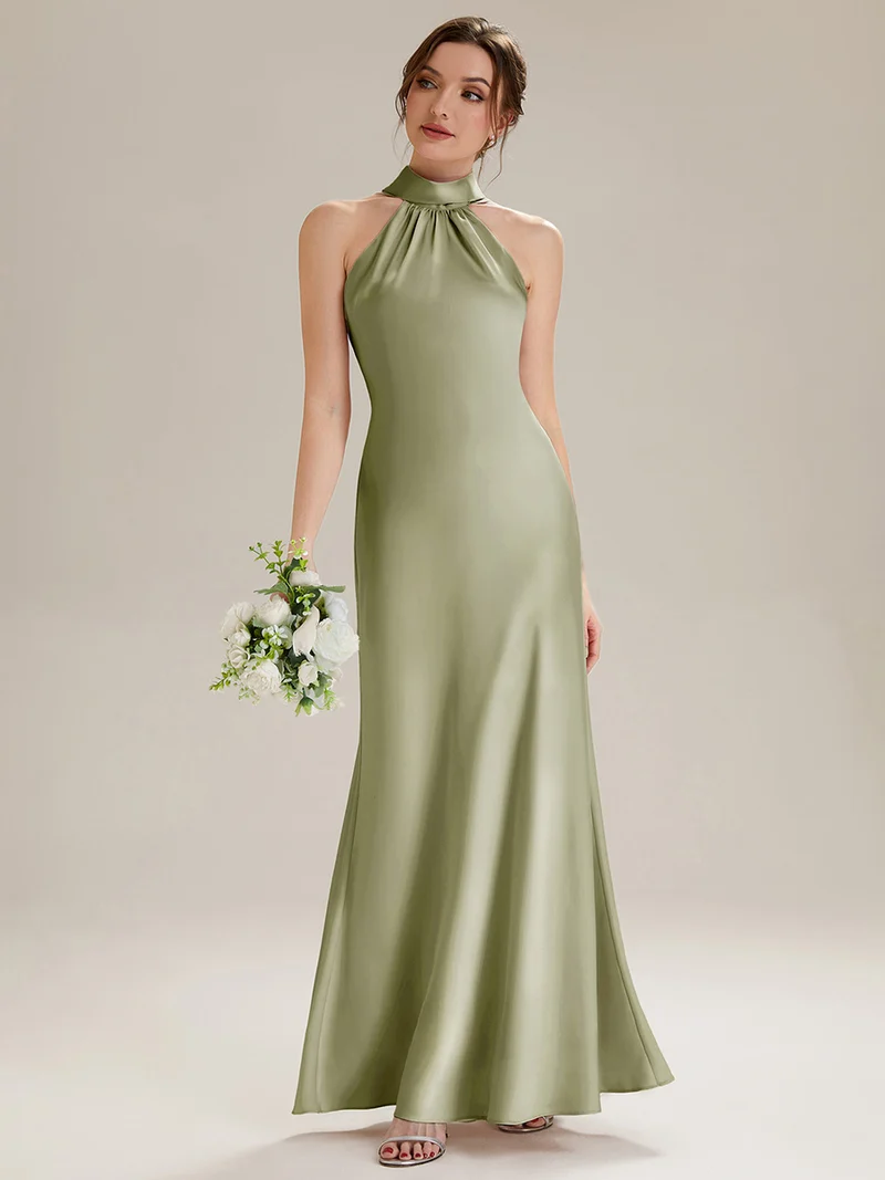 Robe sirène sans manches à col halter longueur sol avec fente haute et rubans fluides