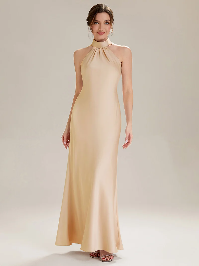 Robe sirène sans manches à col halter longueur sol avec fente haute et rubans fluides