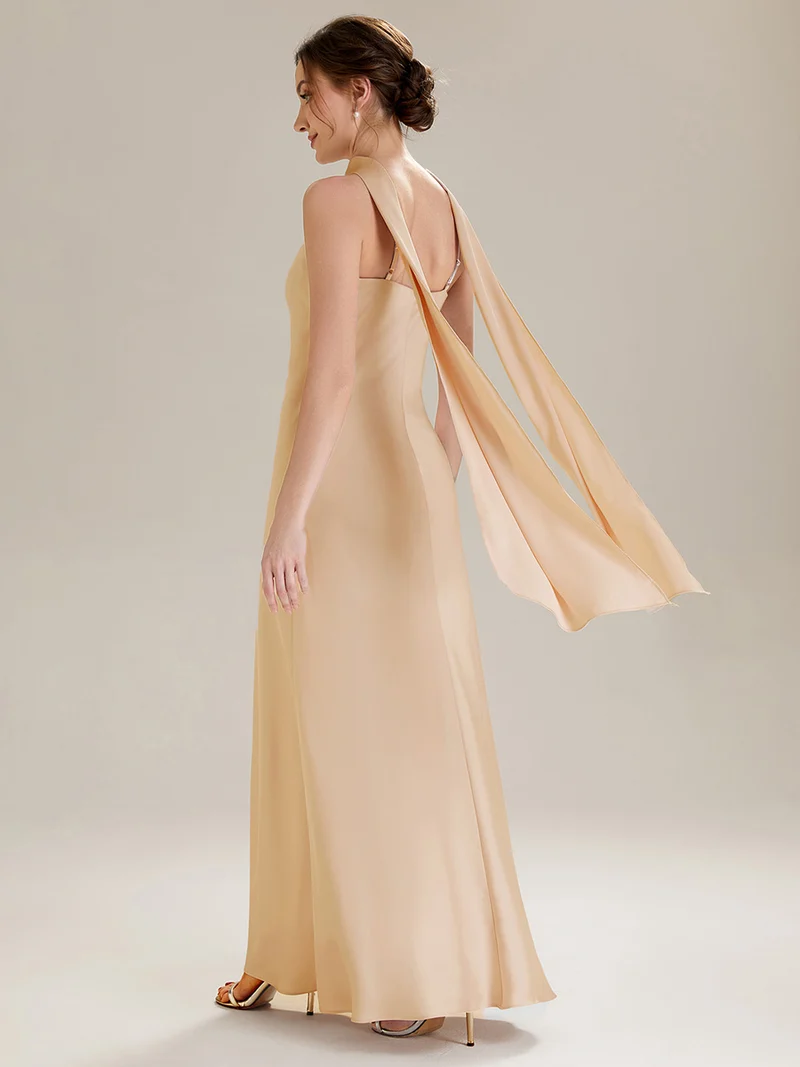 Robe sirène sans manches à col halter longueur sol avec fente haute et rubans fluides