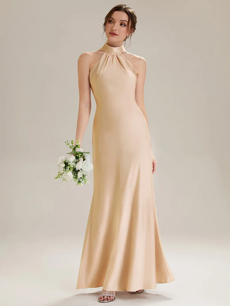 Robe sirène sans manches à col halter longueur sol avec fente haute et rubans fluides