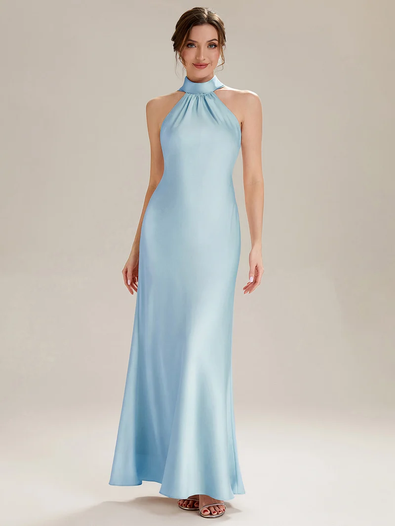Robe sirène sans manches à col halter longueur sol avec fente haute et rubans fluides