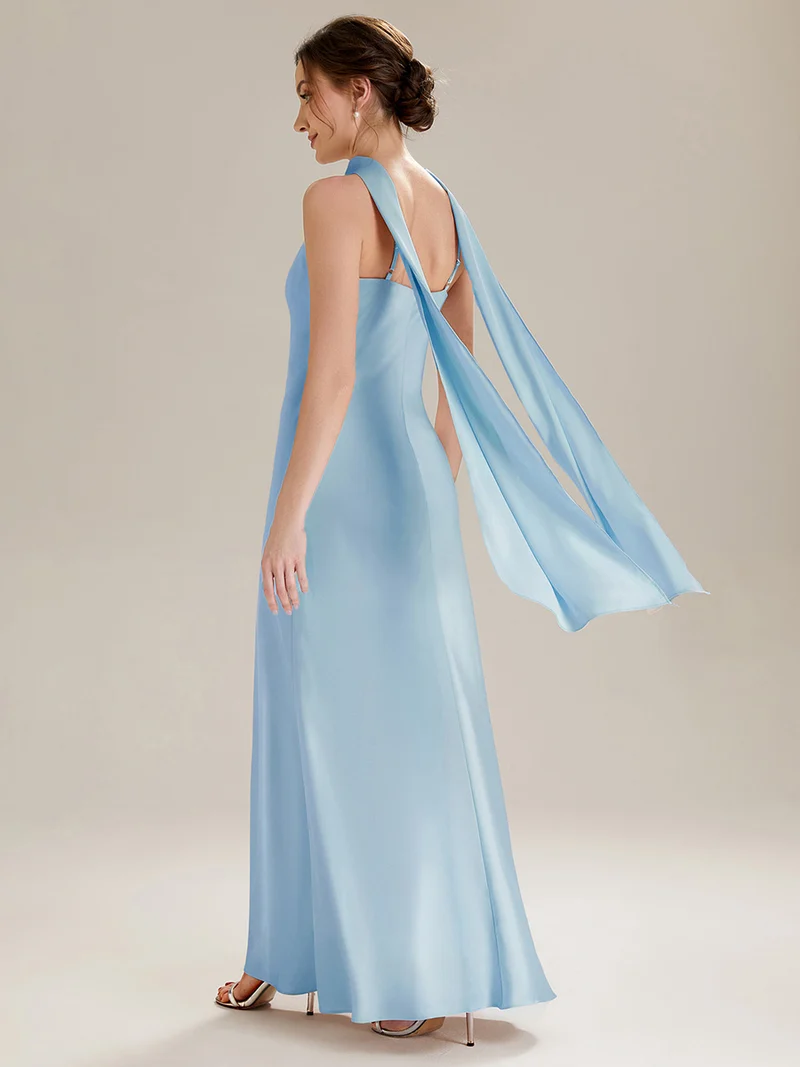 Robe sirène sans manches à col halter longueur sol avec fente haute et rubans fluides