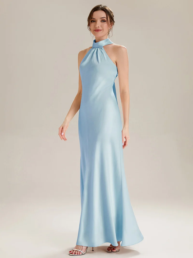 Robe sirène sans manches à col halter longueur sol avec fente haute et rubans fluides