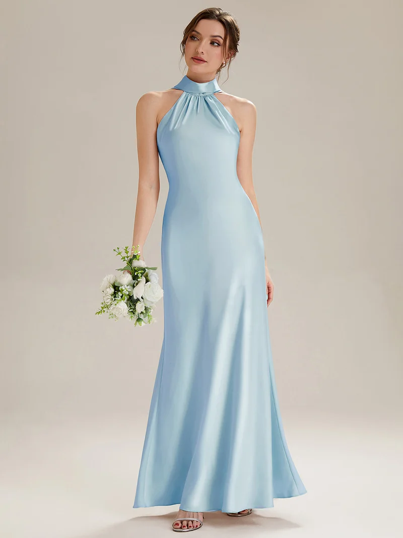 Robe sirène sans manches à col halter longueur sol avec fente haute et rubans fluides