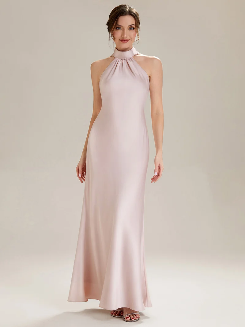 Robe sirène sans manches à col halter longueur sol avec fente haute et rubans fluides