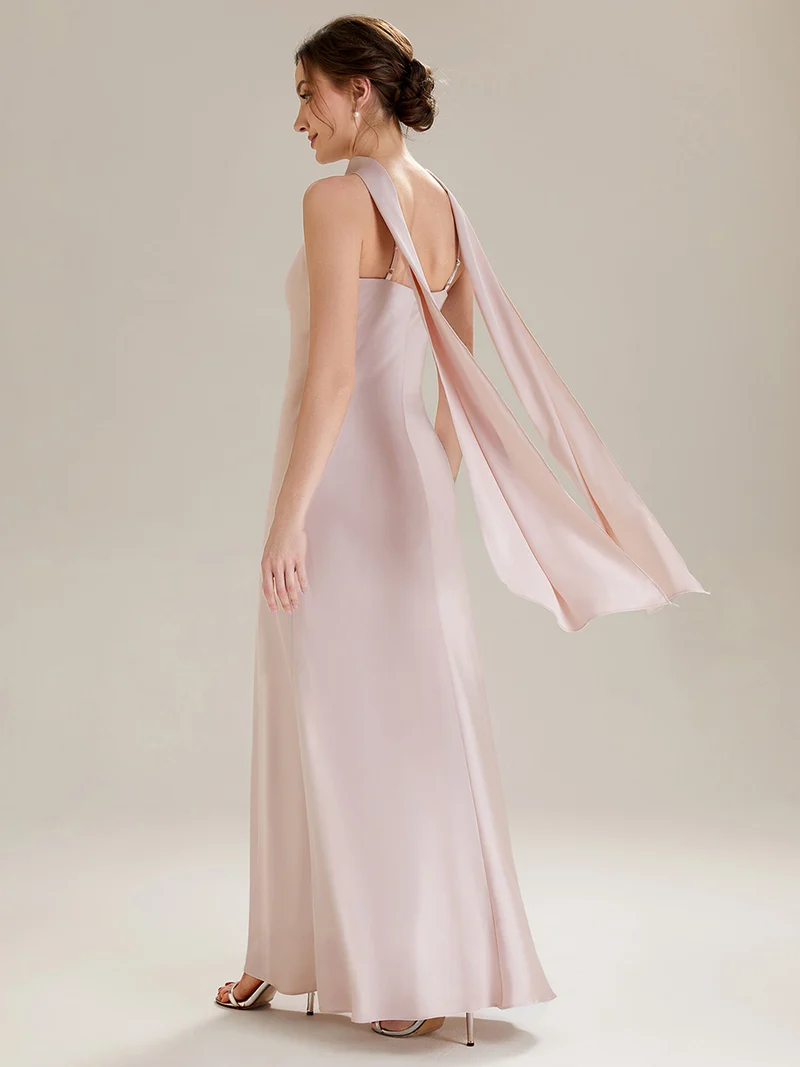Robe sirène sans manches à col halter longueur sol avec fente haute et rubans fluides