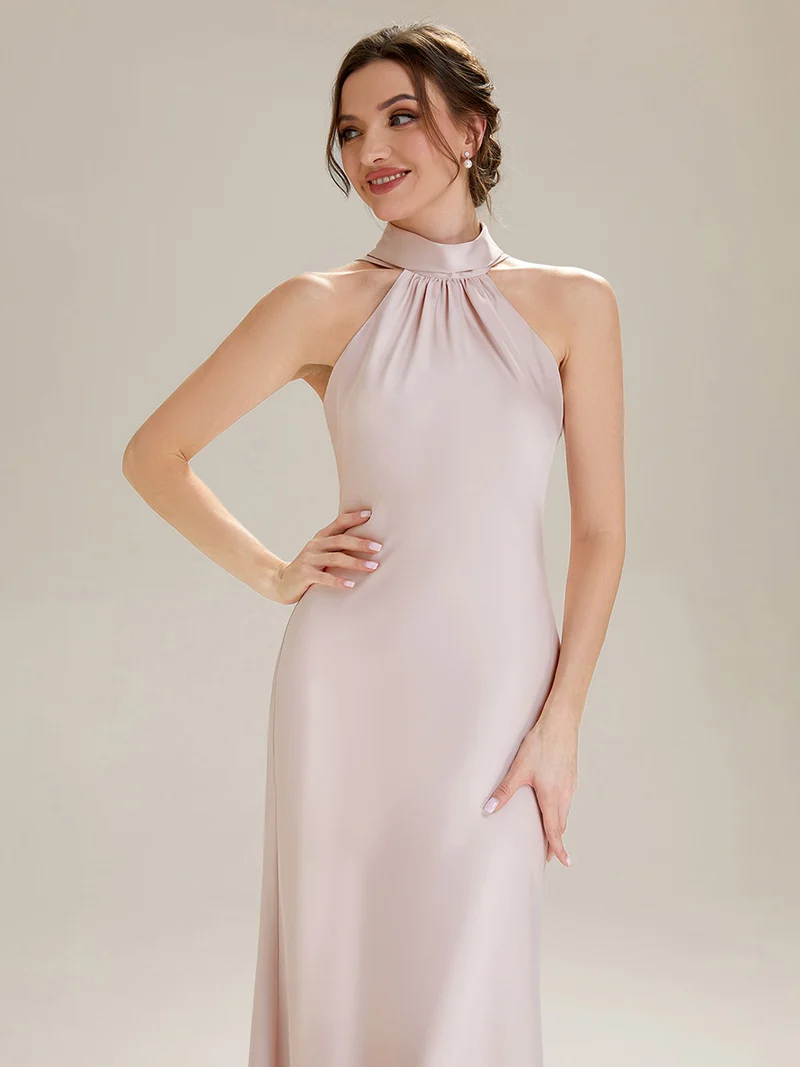 Robe sirène sans manches à col halter longueur sol avec fente haute et rubans fluides