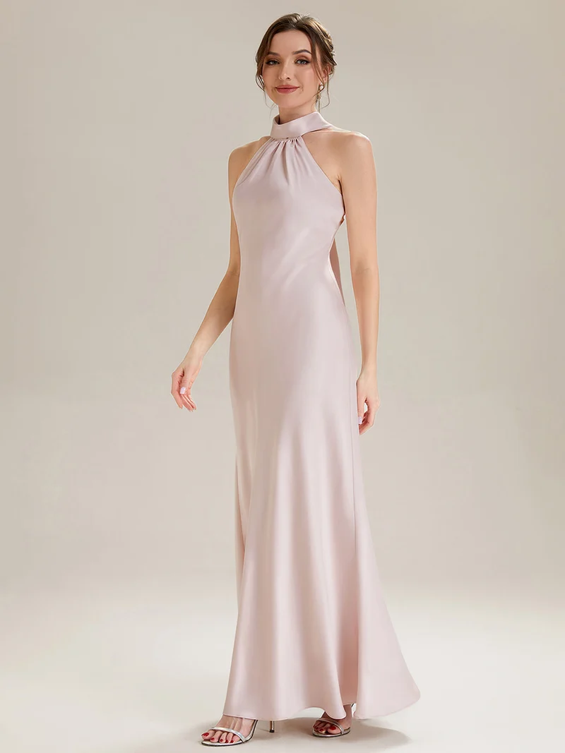 Robe sirène sans manches à col halter longueur sol avec fente haute et rubans fluides