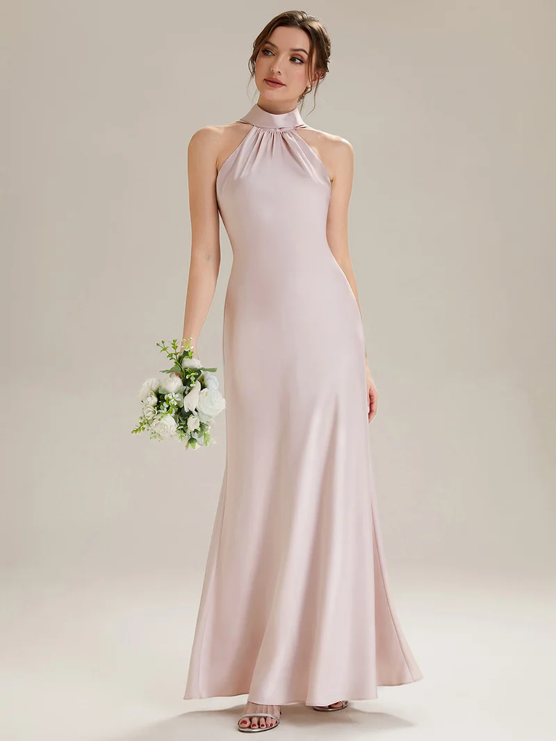Robe sirène sans manches à col halter longueur sol avec fente haute et rubans fluides