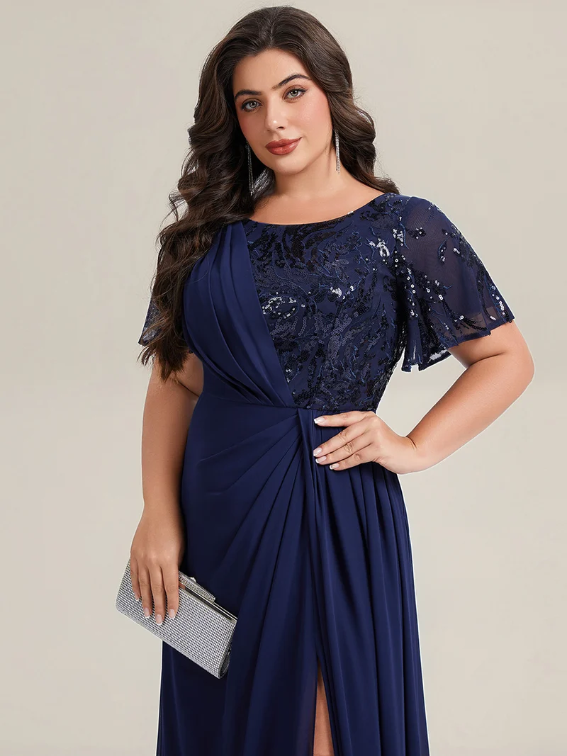 Robe longue A ligne à manches courtes avec volants en sequins et fente haute pour grandes tailles