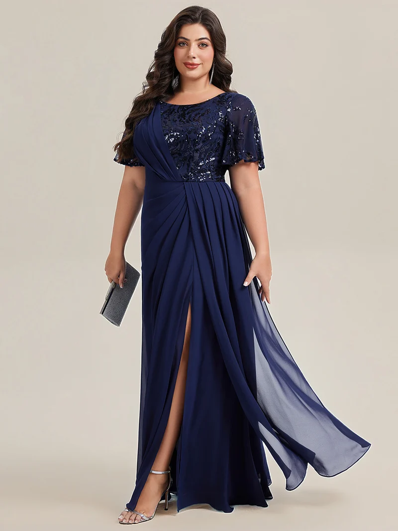 Robe longue A ligne à manches courtes avec volants en sequins et fente haute pour grandes tailles