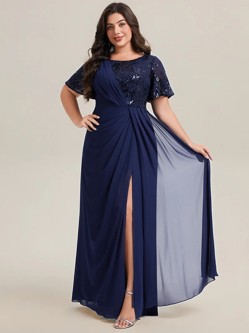 Robe longue A ligne à manches courtes avec volants en sequins et fente haute pour grandes tailles