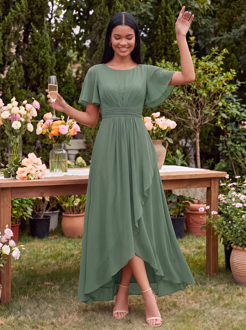 Robe asymétrique en mousseline à manches courtes et à volants