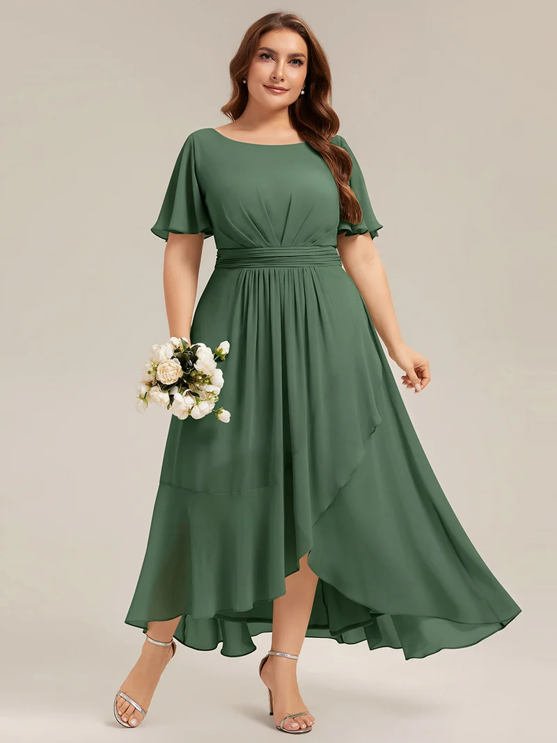 Robe asymétrique en mousseline à manches courtes et à volants